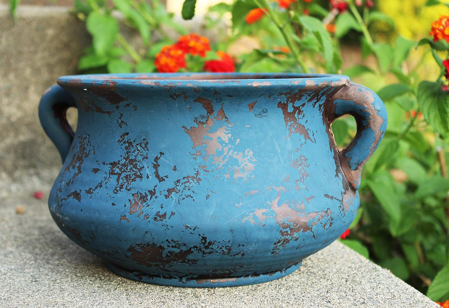 Egyptian Era Designed Earthen Ware Terra-Cotta Vessel/Planter with Looped Handles. Blue