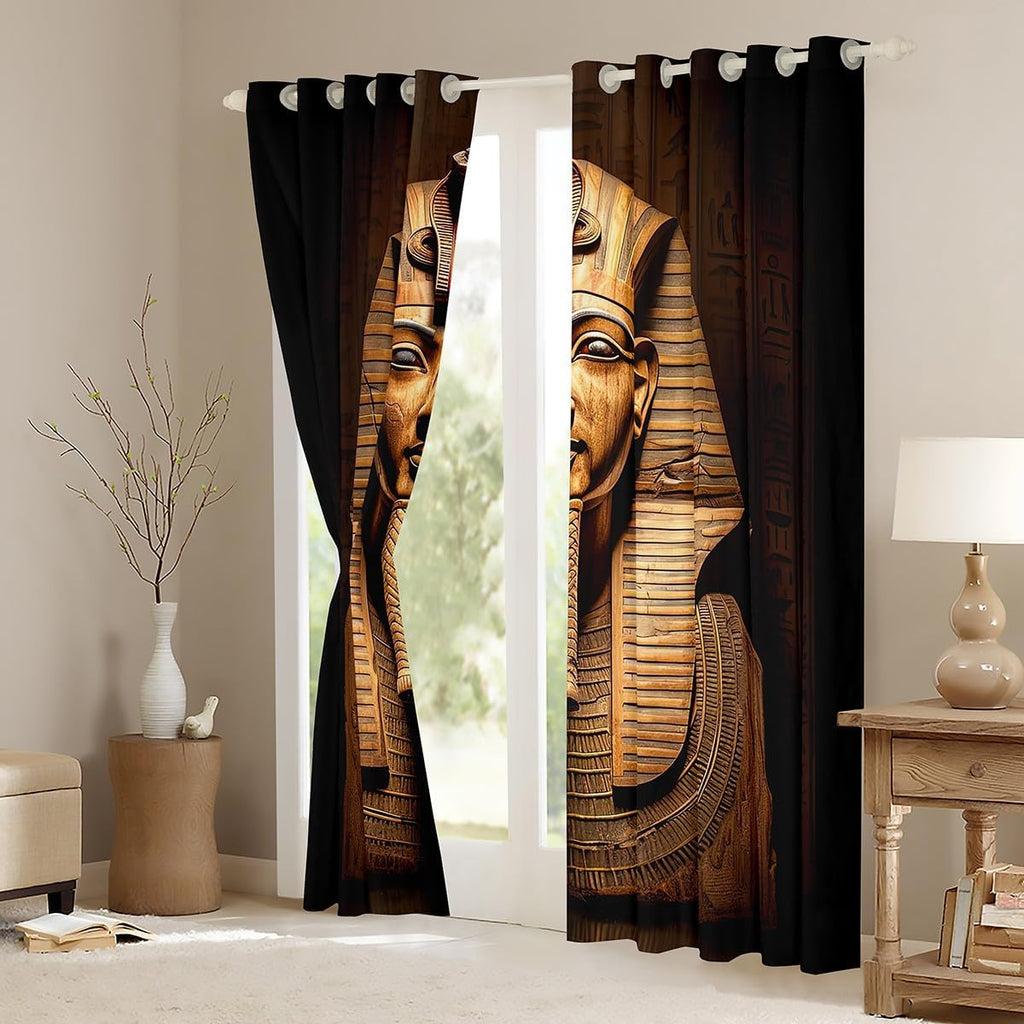 Egyptian Pharaoh Window Drapes, Ancient Egypt Tribe Exotic Retro Egyptian Pyramids Curtains, Decorative Bedroom Living Room Window Curtain Panels, 84W X90L, Brown Black Golden