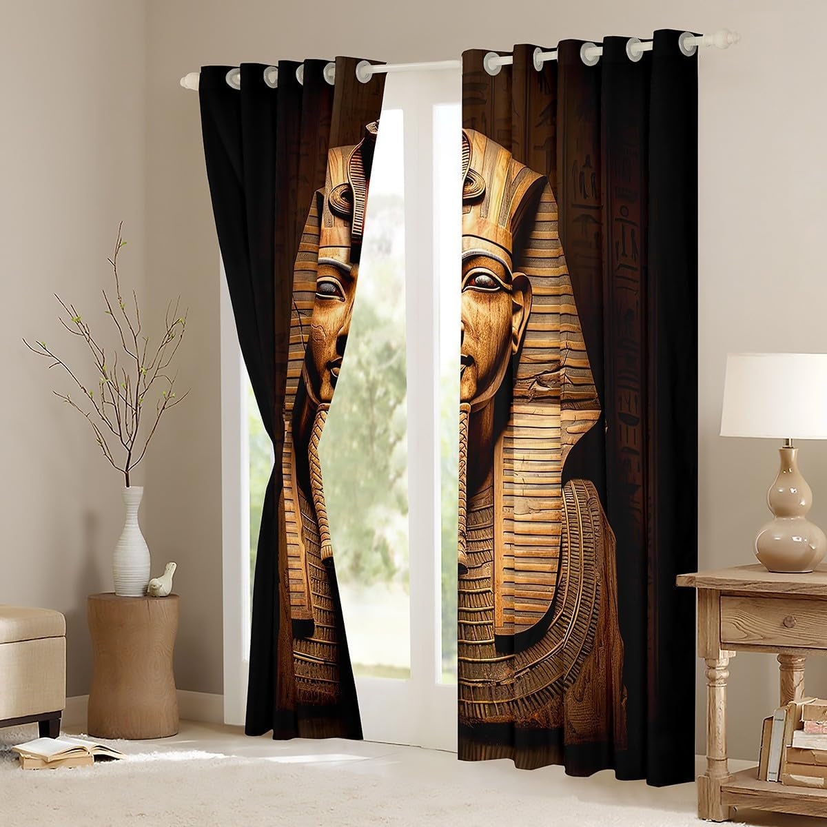 Egyptian Pharaoh Window Drapes, Ancient Egypt Tribe Exotic Retro Egyptian Pyramids Curtains, Decorative Bedroom Living Room Window Curtain Panels, 84W X90L, Brown Black Golden