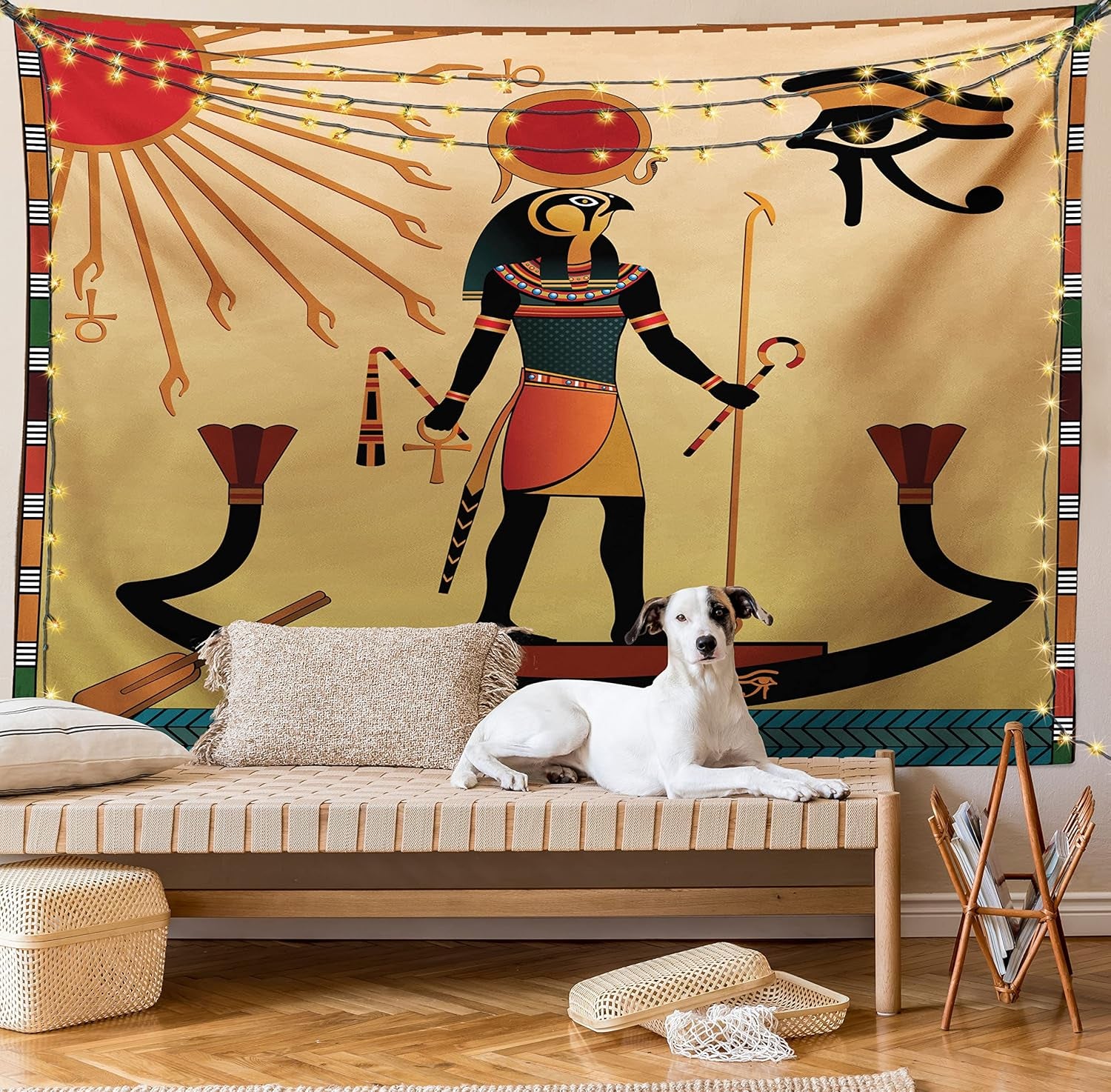 Egyptian Print Tapestry Queen Size, Sun Old Egyptian Timeless Grace Antique Tradition Illustration, Wall Hanging Bedspread Bed Cover Wall Decor, 88" X 88", Cream Red
