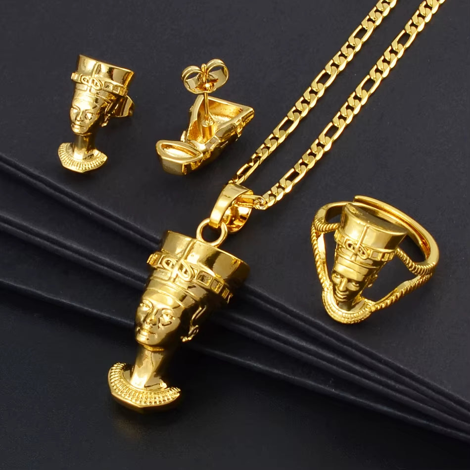 Egyptian Queen Nefertiti Sets Pendant Necklace Stud Earrings Ring African Traditional Culture Jewelry #244206