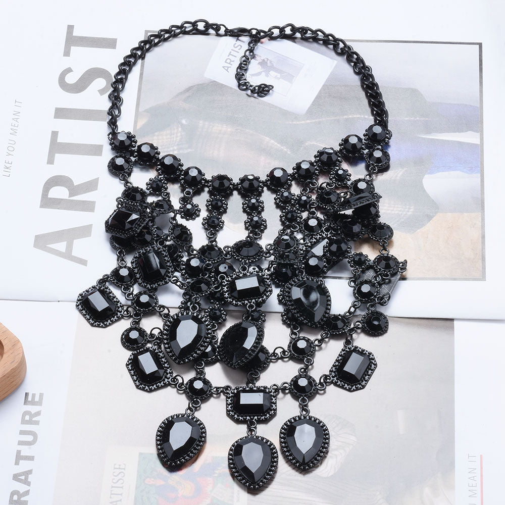 Creative Exaggerating Retro Multi-Layer Style Alloy Inlaid Jewel Necklace