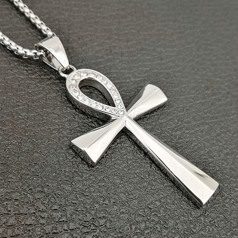 Egypt Iced Out Bling Ankh Cross Pendant Necklace for Women and Men Key of Life Stainless Steel Egyptian Jewelry Dropshipping