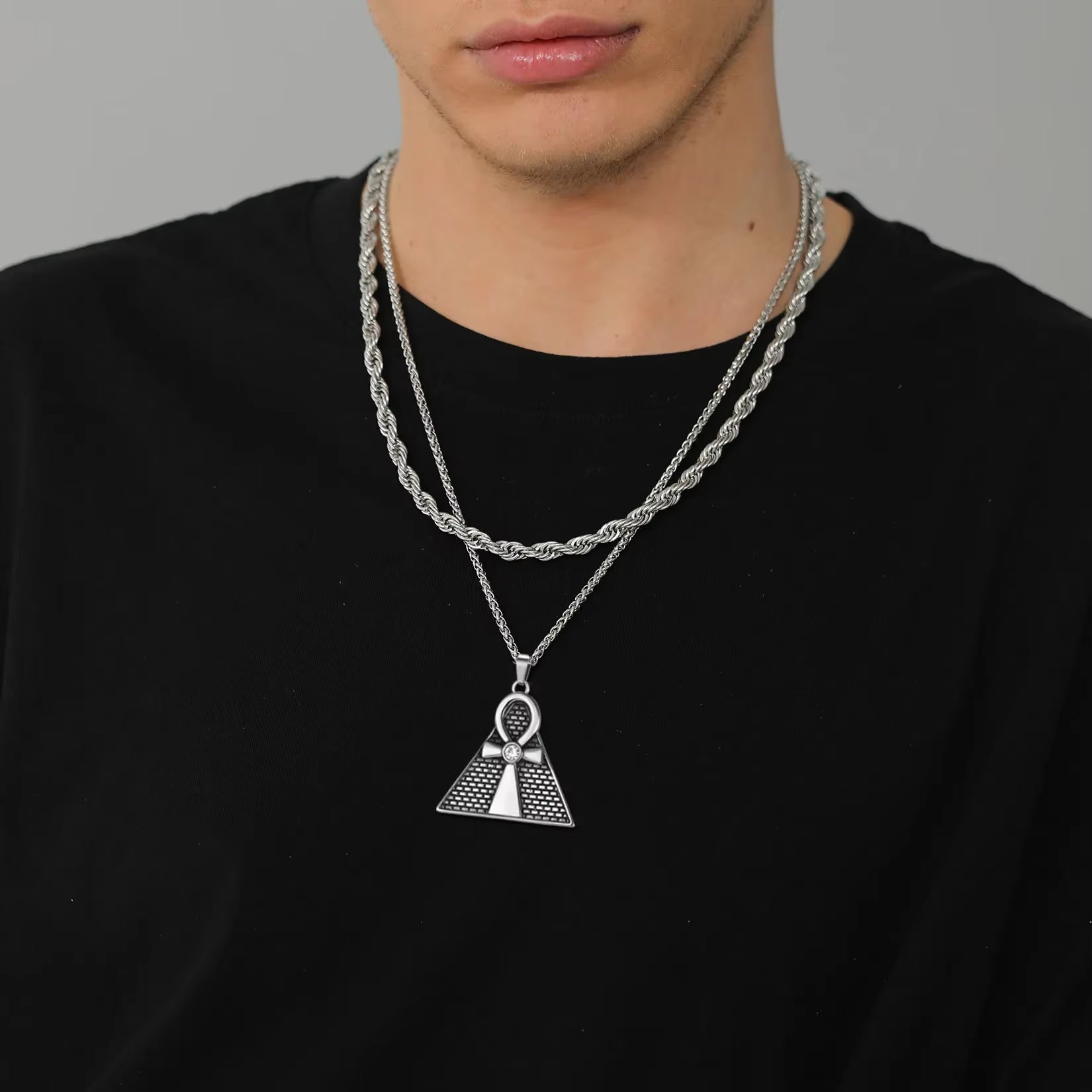 Ancient Egyptian Symbol Necklaces Stainless Steel Eagle Triangle Pyramid Ankh Cross Bastet Anubis Pharaoh Pendant Jewelry
