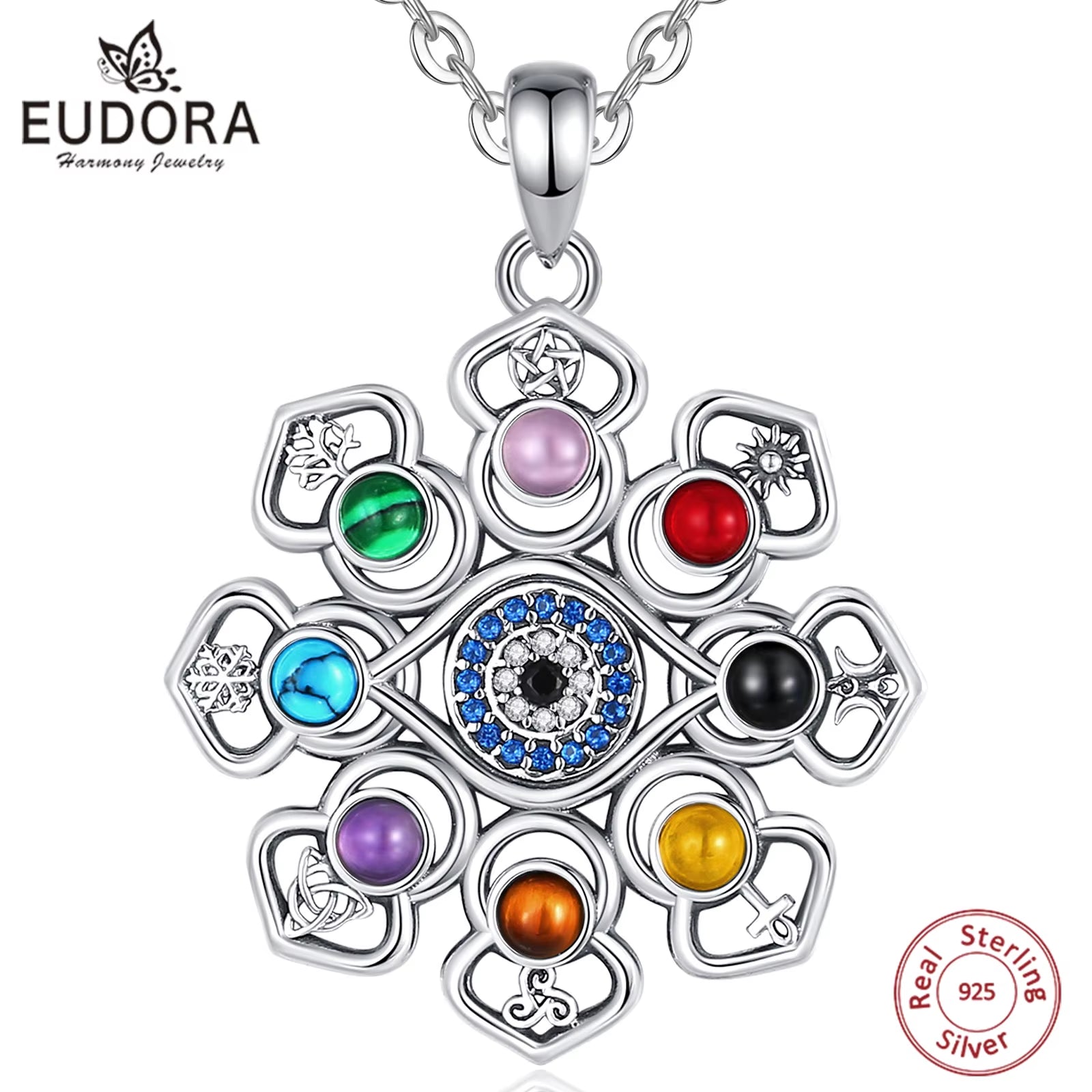925 Sterling Silver Lotus Evil Eye Necklace Colourful Pentagram Hecate Flower Pendant Personality Jewelry for Women Man