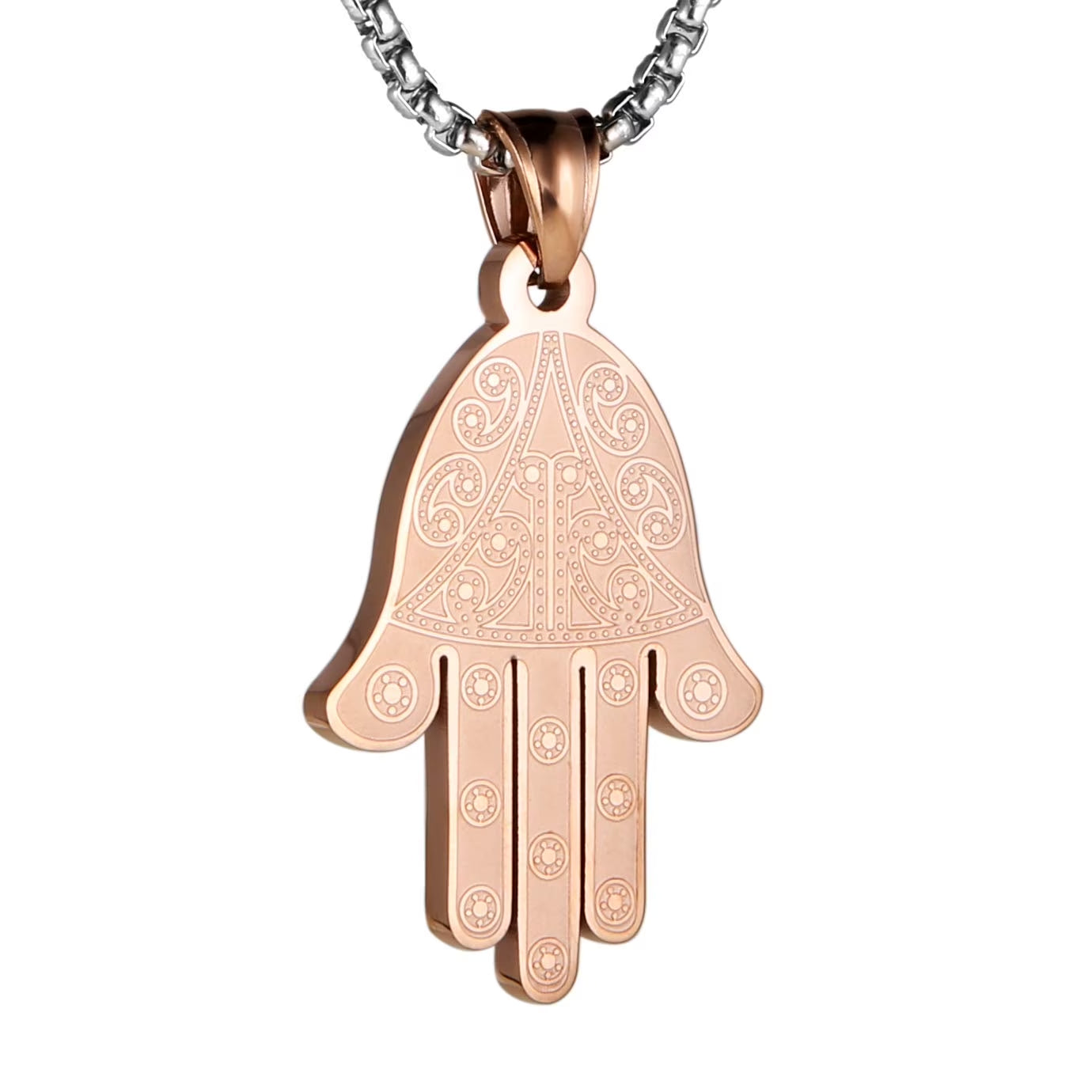 Stainless Steel Egyptian Eye Fatima Hamsa Hand Pendant Necklace Success and Protection Lucky (Rose Gold)