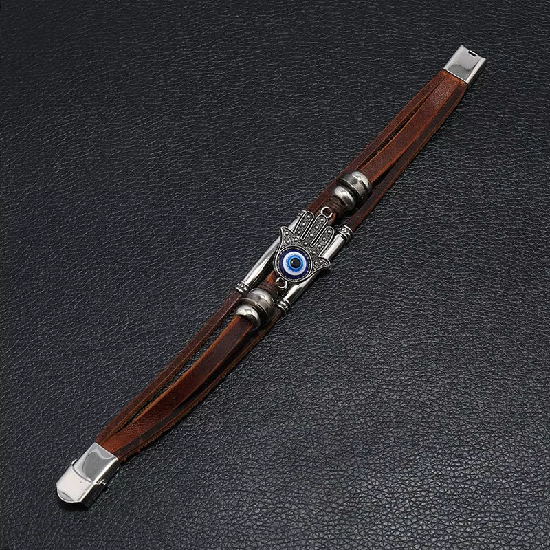 Evil Eye Fatima Hand Charm Bracelets for Women Men Genuine Leather Bracelet Turkish Blue Eye Wristband Lucky Hand Jewelry Gifts