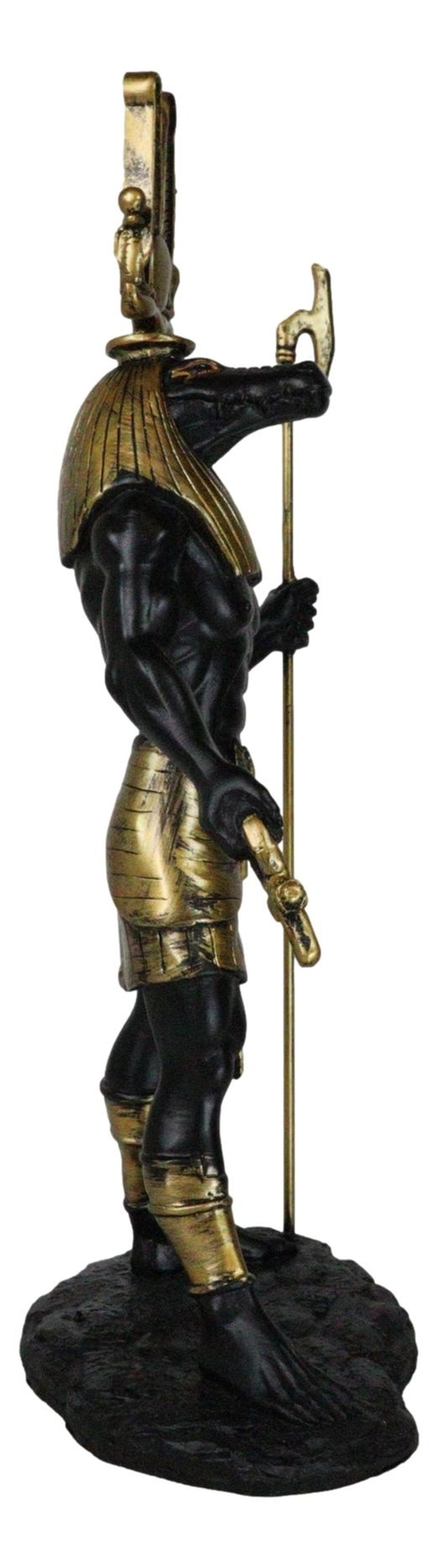 Black and Gold Egyptian God Sobek with Crocodile Head Atef Crown and Ankh Statue
