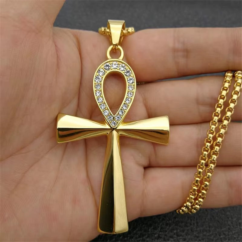 Egypt Iced Out Bling Ankh Cross Pendant Necklace for Women and Men Key of Life Stainless Steel Egyptian Jewelry Dropshipping