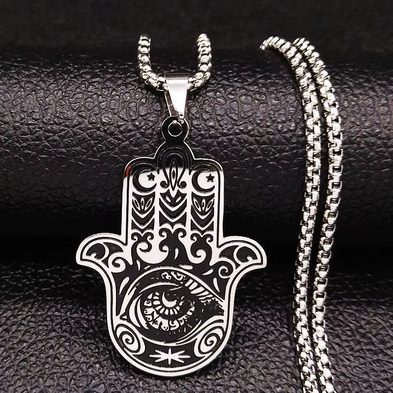 Hamsa Hand of Fatima Stainless Steel Necklaces Men Fatima´S Hand Turkish Eye Necklaces Pendants Jewelry Collier Homme N933S02