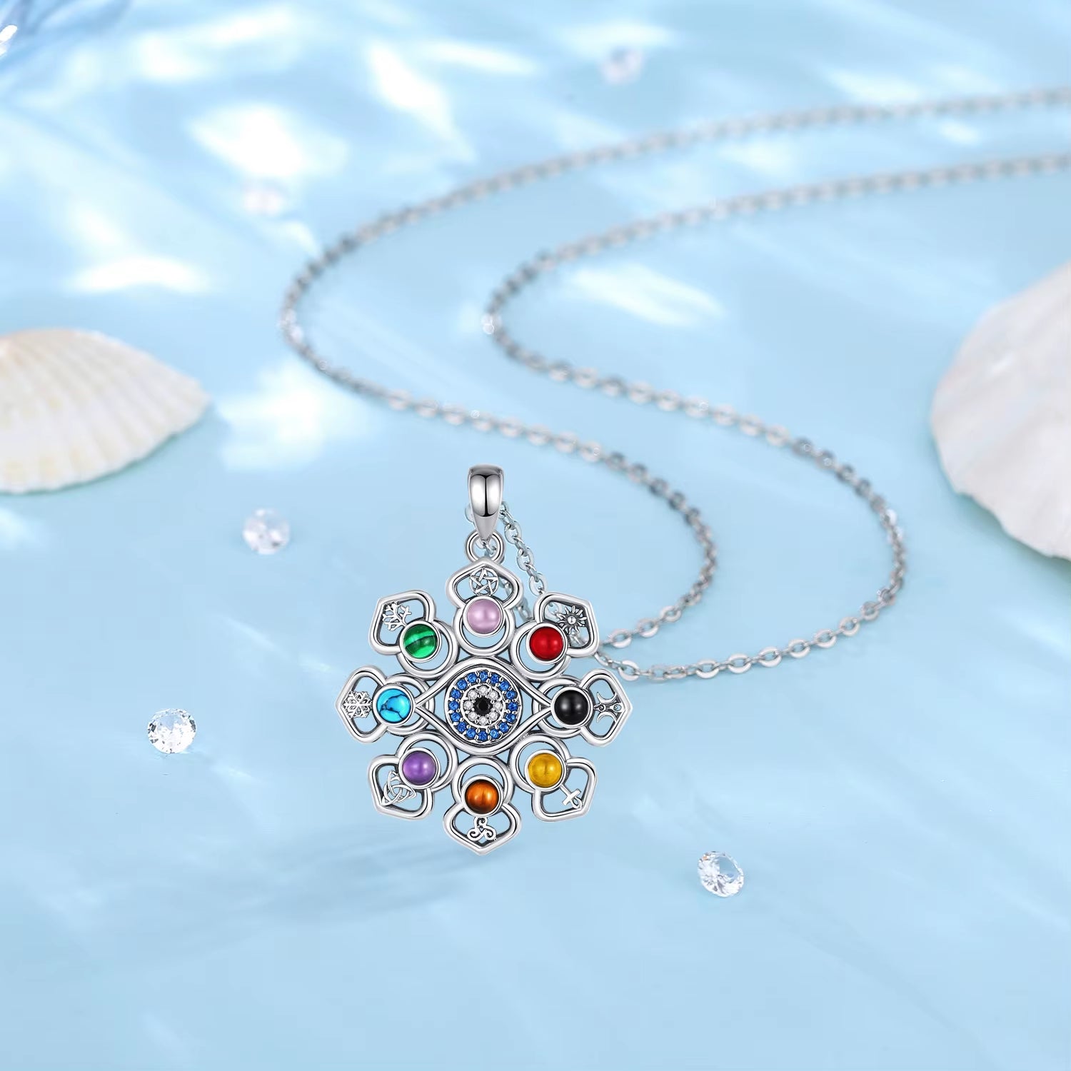 925 Sterling Silver Lotus Evil Eye Necklace Colourful Pentagram Hecate Flower Pendant Personality Jewelry for Women Man