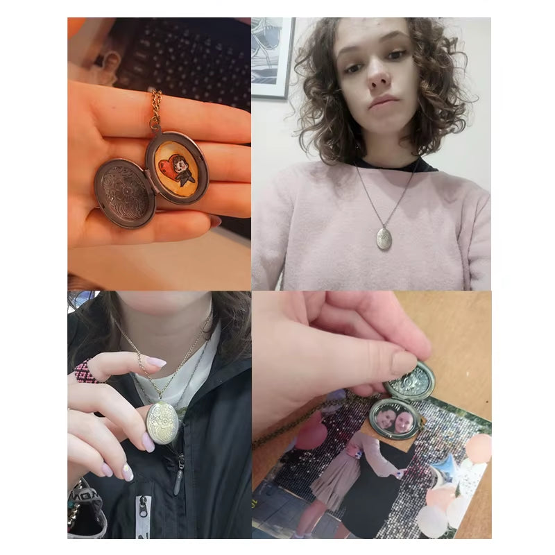 Oval Carved Flower Stripe Locket Pendant Necklace Women Vintage Ancient Brass Opening Photo Box Jewelry