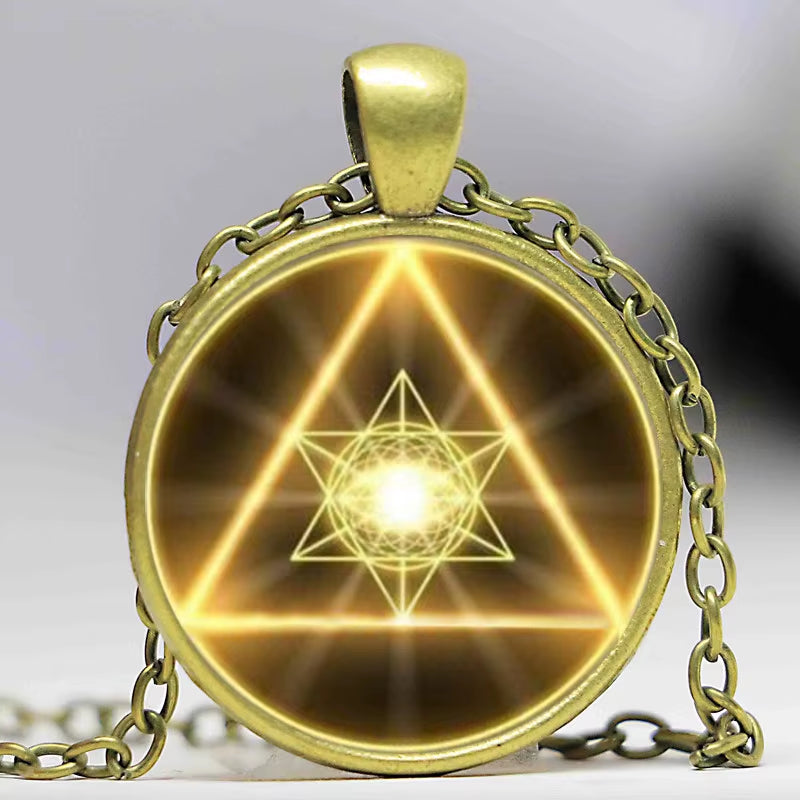 Gold Sacred Geometry Cabochon Glass Tibet round Chain Pendant Necklace HZ1