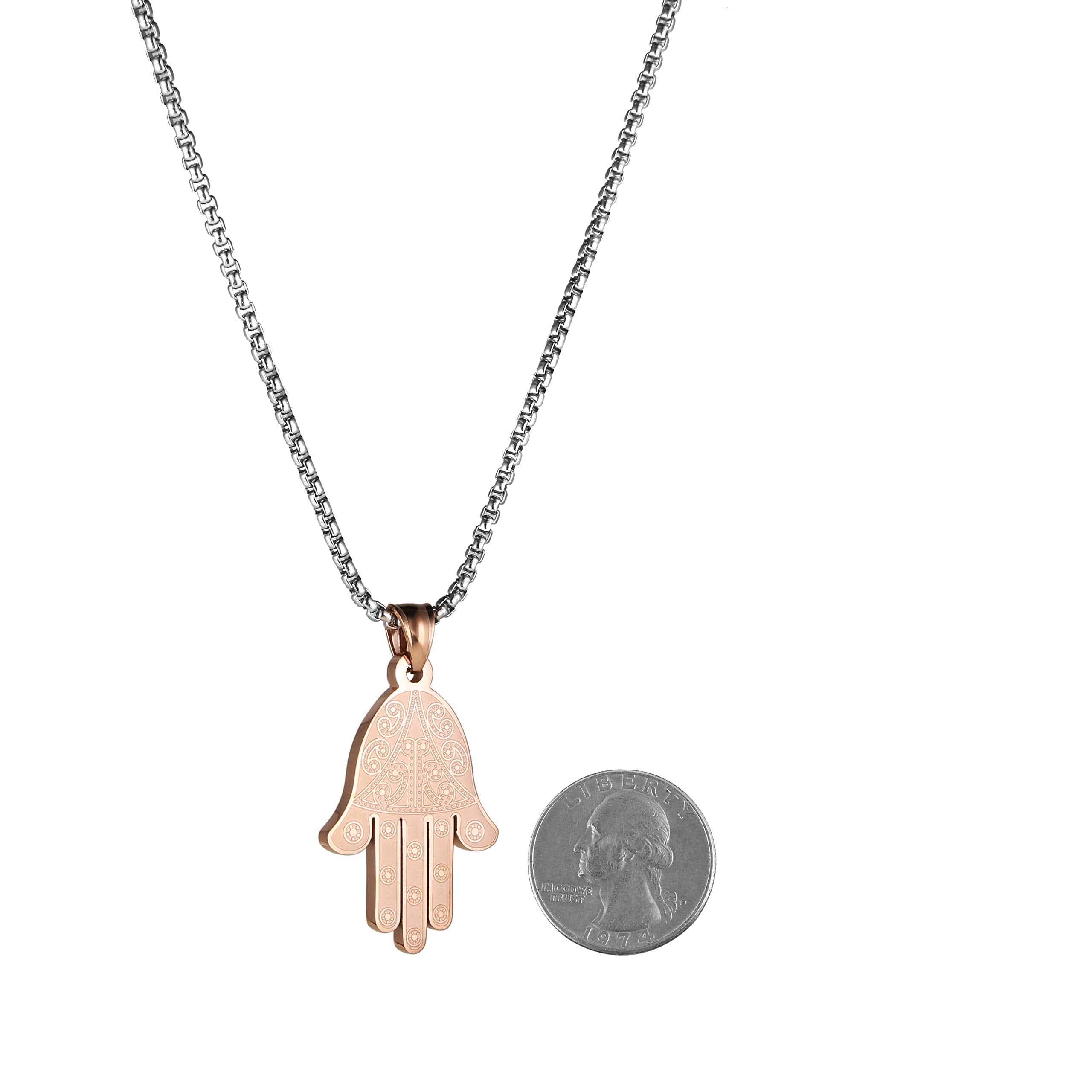 Stainless Steel Egyptian Eye Fatima Hamsa Hand Pendant Necklace Success and Protection Lucky (Rose Gold)