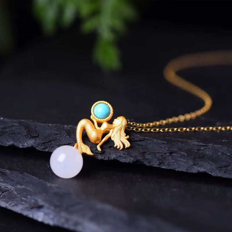 Natural Hetian Jade Mermaid Pendant Necklace Chinese Style Retro Unique Ancient Gold Craft Charm Women Silver Jewelry