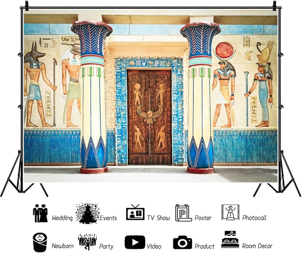 7X5Ft Vinyl Ancient Egyptian Mural Painting Backdrop Pharaoh Hieroglyphics Hand Painted Pillars Religion Artistic Belief Carving Door Photography Background Kids Adults Photo Studio Props