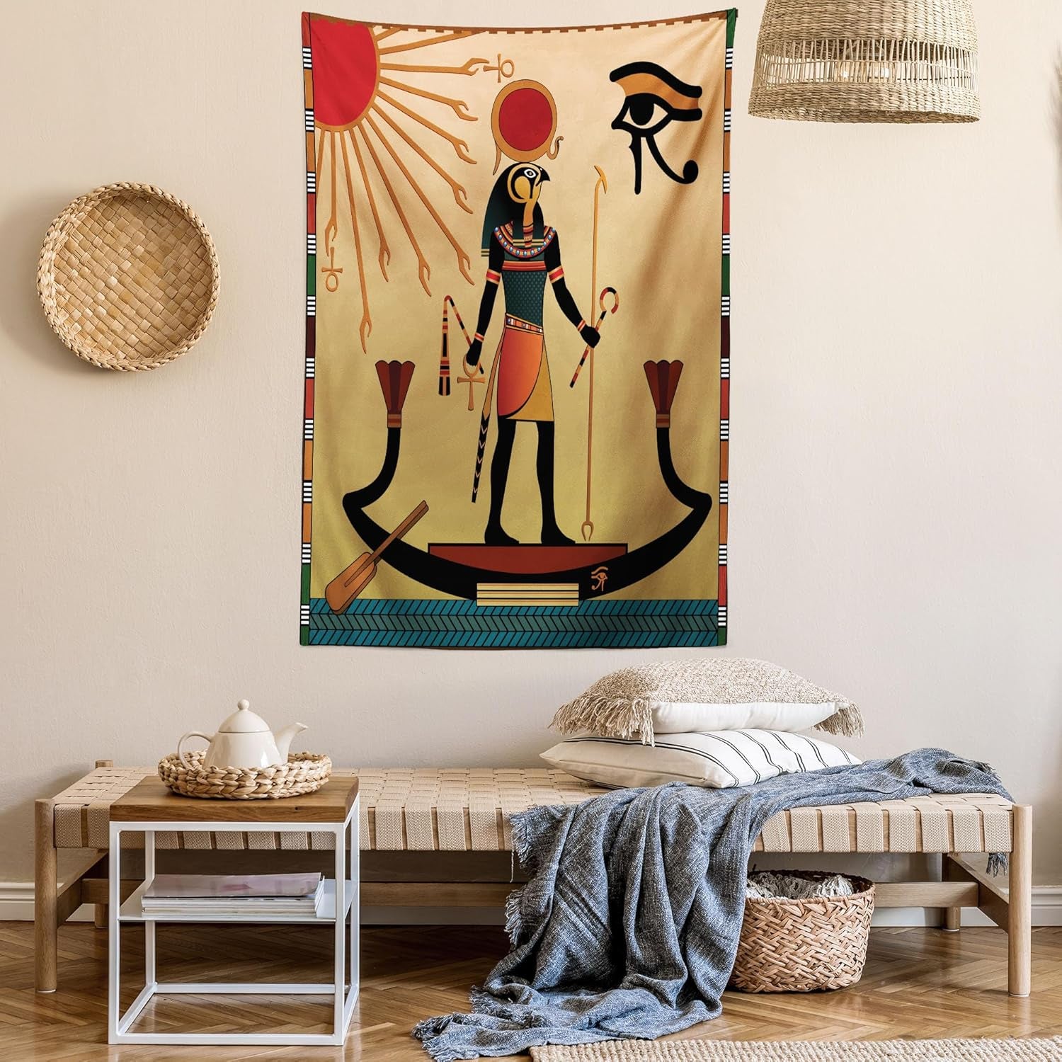 Egyptian Print Tapestry Queen Size, Sun Old Egyptian Timeless Grace Antique Tradition Illustration, Wall Hanging Bedspread Bed Cover Wall Decor, 88" X 88", Cream Red