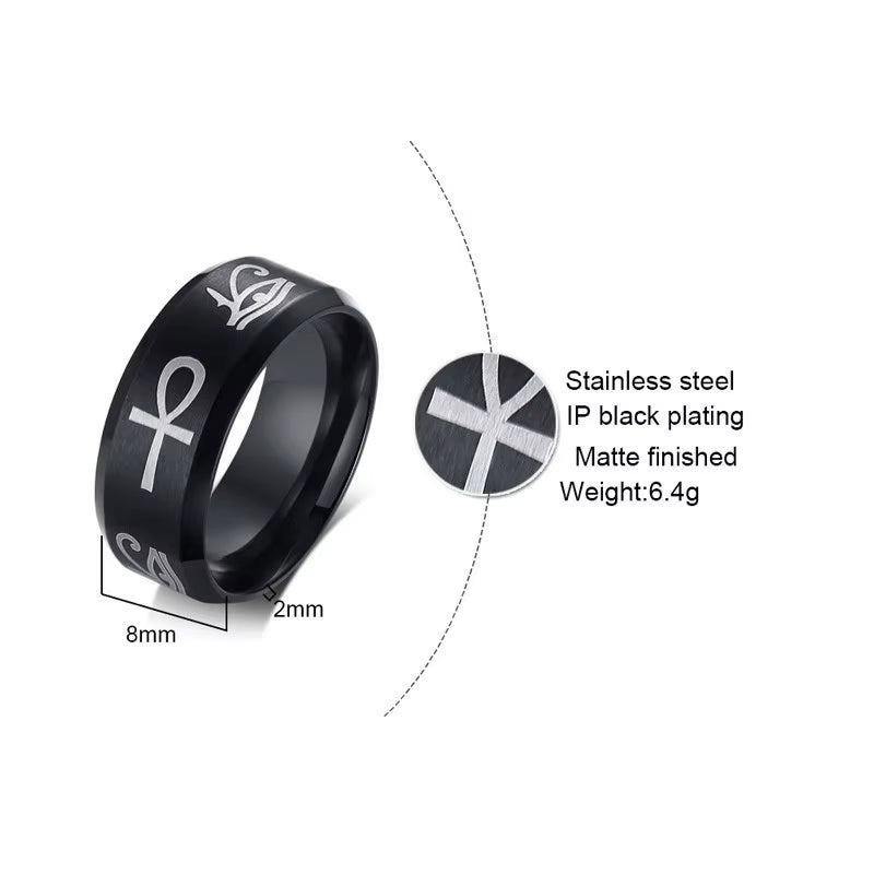 Egyptian Men Ankh Ring Stainless Steel Black Color Eye of Horus Fashion Wedding Band Key of Life Anillos Anniversary Party Gifts