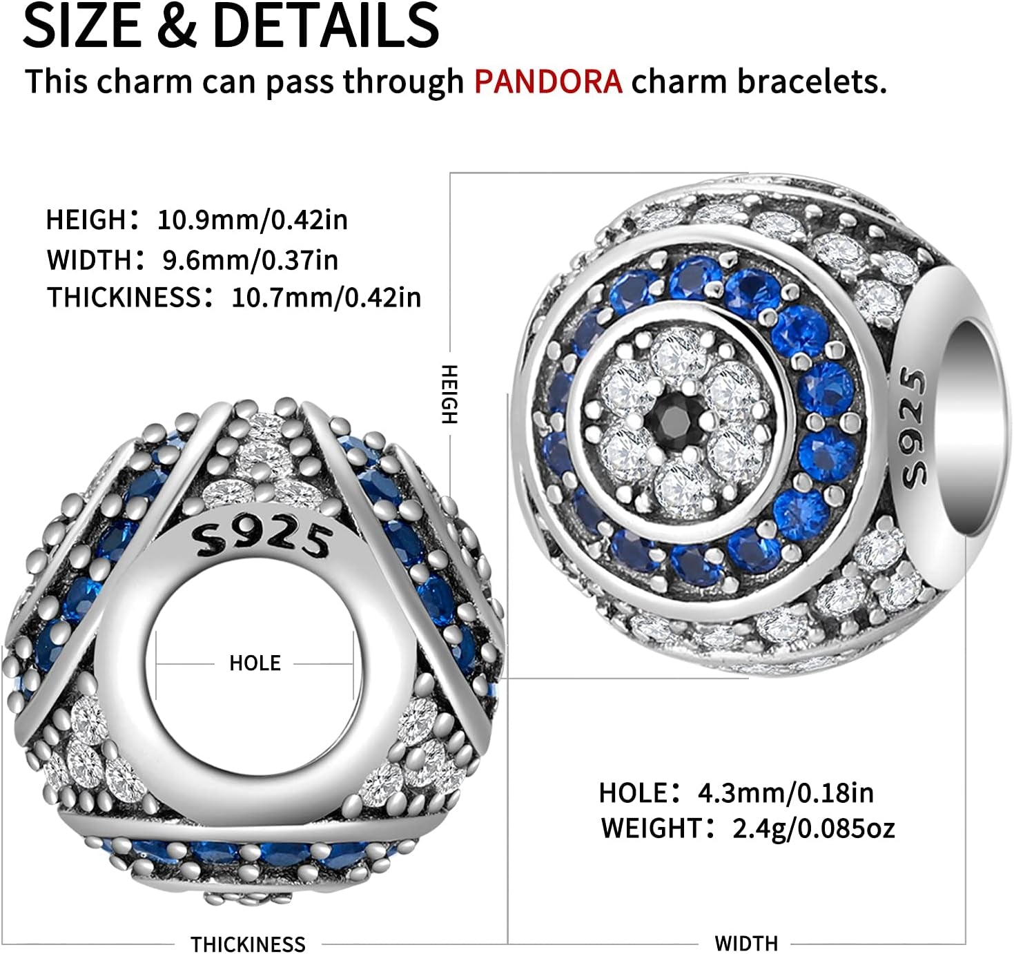 Evil Eye Charms 925 Sterling Silver Charms for Bracelet and Lucky Jewelry Hamsa Charm Fatima Charms Beads European Charm Evil Eye Compatible Bracelet Necklace for Women Mother Sister Gifts