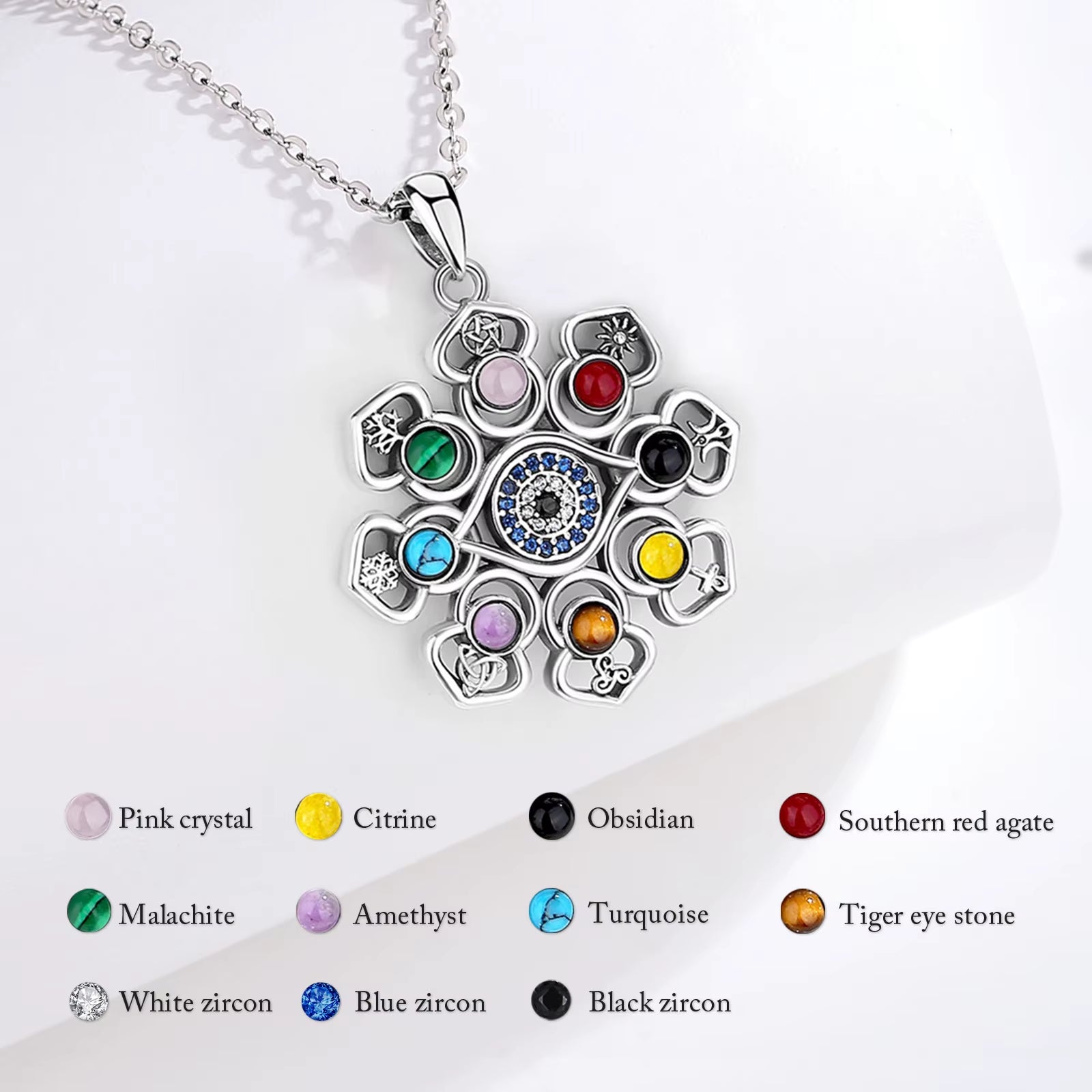 925 Sterling Silver Lotus Evil Eye Necklace Colourful Pentagram Hecate Flower Pendant Personality Jewelry for Women Man