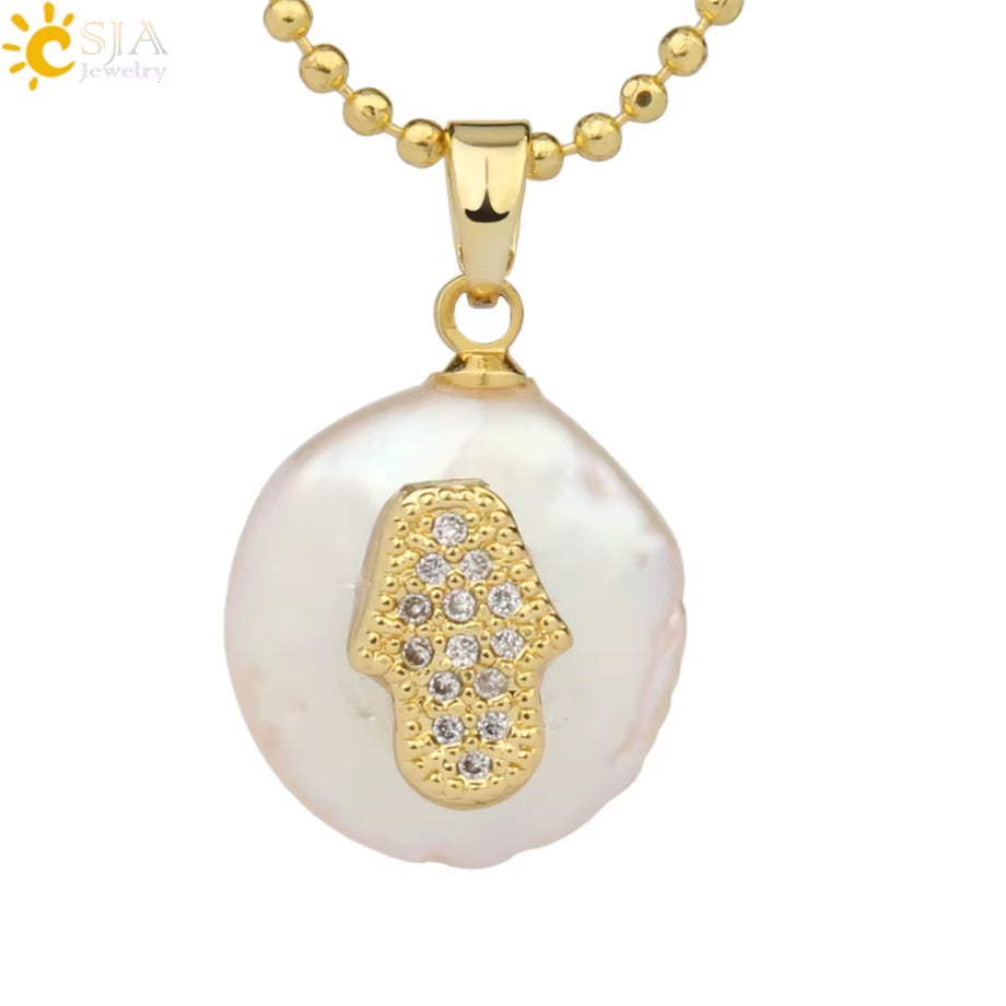 CSJA Coin Freshwater Pearl Pendants Small Size Evil Eye Hamsa Fatima Hand Zircon Gold Color Necklace Choker for Women Girls G205