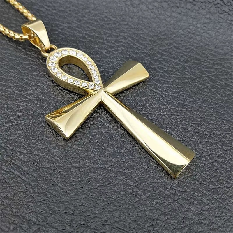Egypt Iced Out Bling Ankh Cross Pendant Necklace for Women and Men Key of Life Stainless Steel Egyptian Jewelry Dropshipping