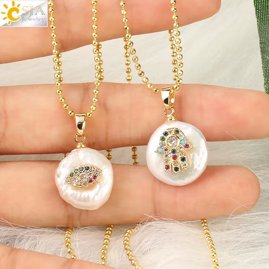 CSJA Coin Freshwater Pearl Pendants Small Size Evil Eye Hamsa Fatima Hand Zircon Gold Color Necklace Choker for Women Girls G205