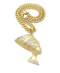 GOLD PLATED EGYPTIAN QUEEN NEFERTITI PENDANT & 10Mm CUBAN CHAIN HIP HOP NECKLACE