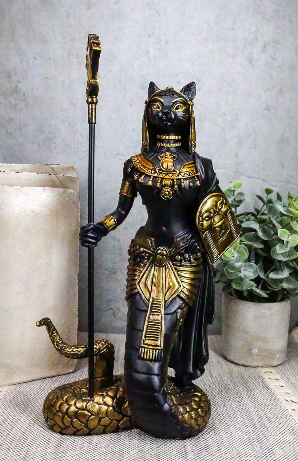 Ebros 11"H Egyptian Feline Goddess Bastet Cat with Slain Snake Apep Tail Holding Spear & Shield Statue 11"H Ubasti Bast Patron of Protection Health Home Harvest Gods of Egypt Figurine (Black and Gold)