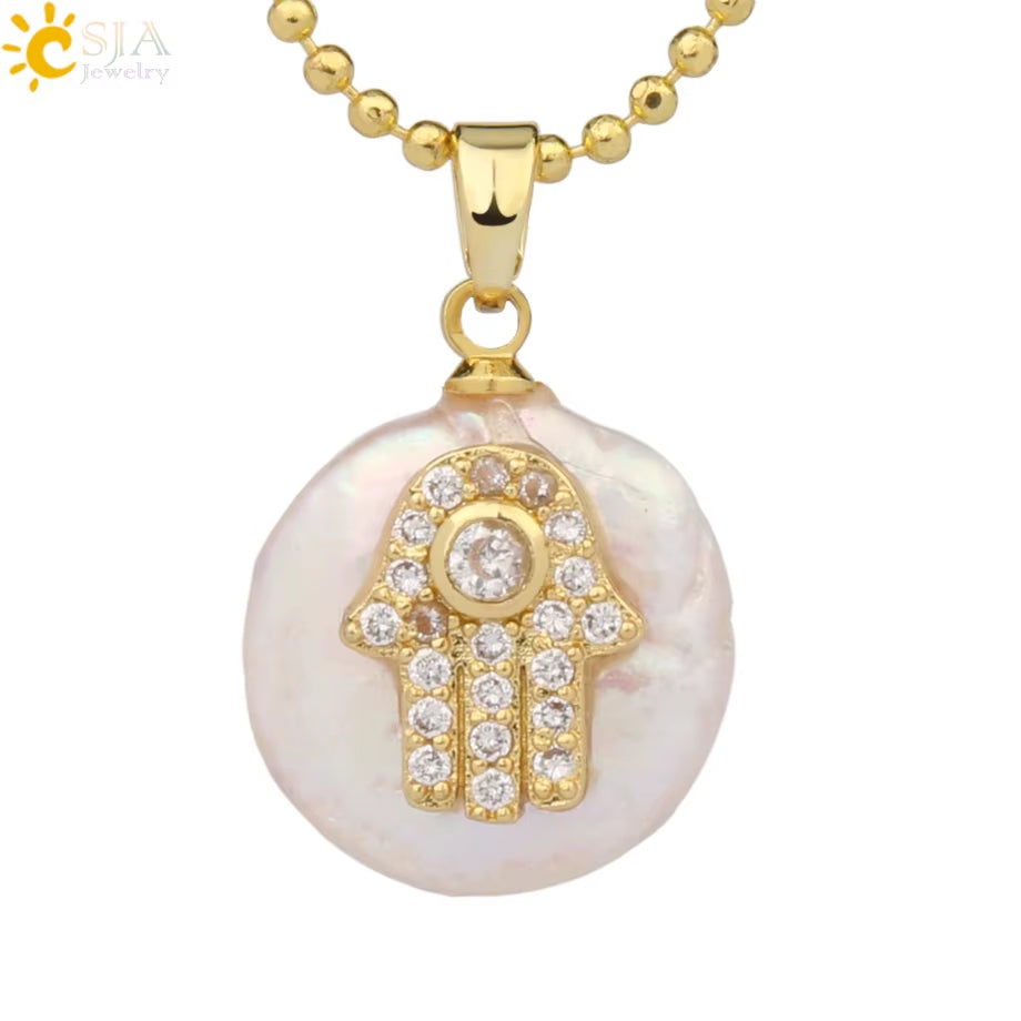 CSJA Coin Freshwater Pearl Pendants Small Size Evil Eye Hamsa Fatima Hand Zircon Gold Color Necklace Choker for Women Girls G205