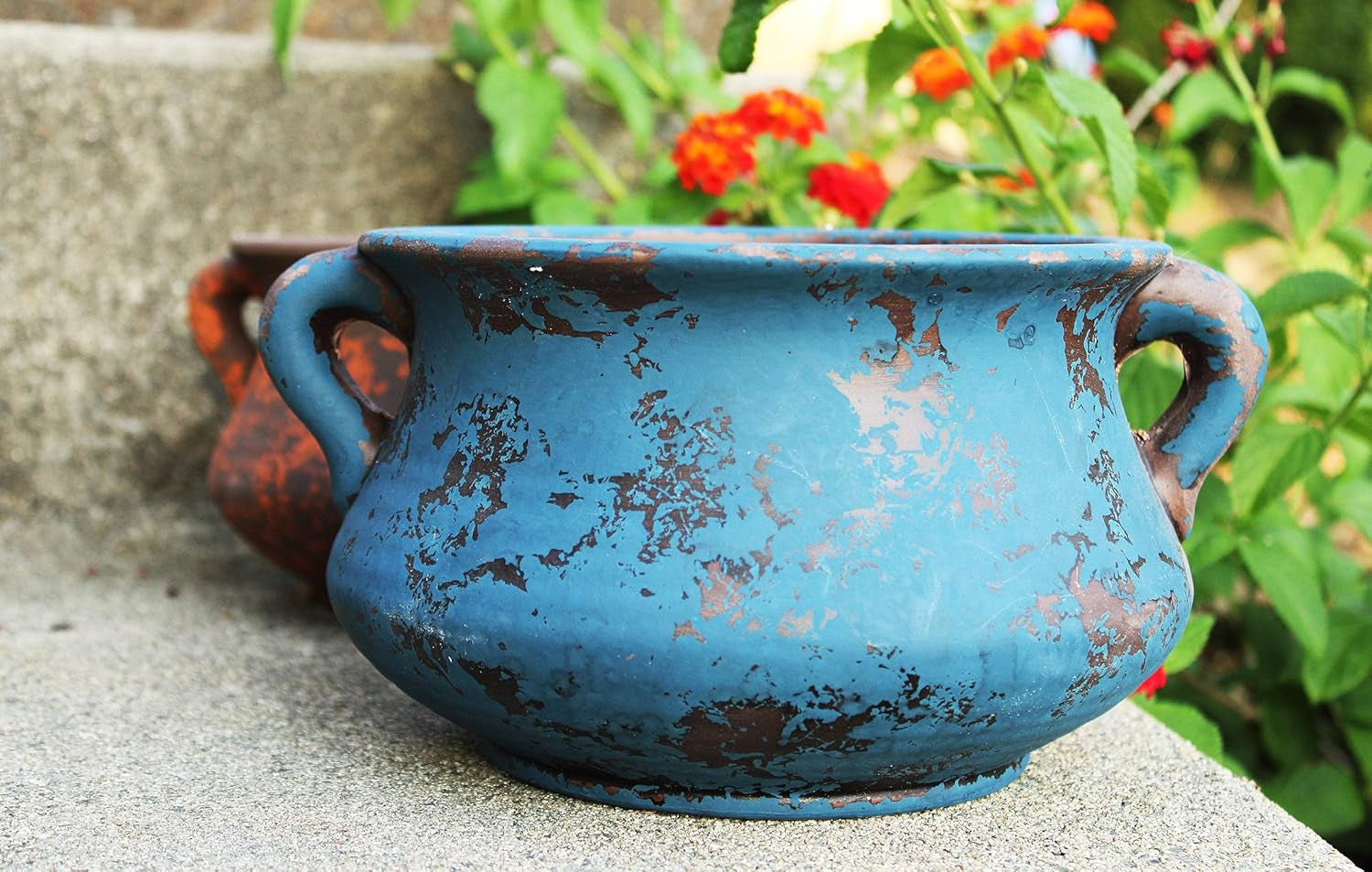 Egyptian Era Designed Earthen Ware Terra-Cotta Vessel/Planter with Looped Handles. Blue