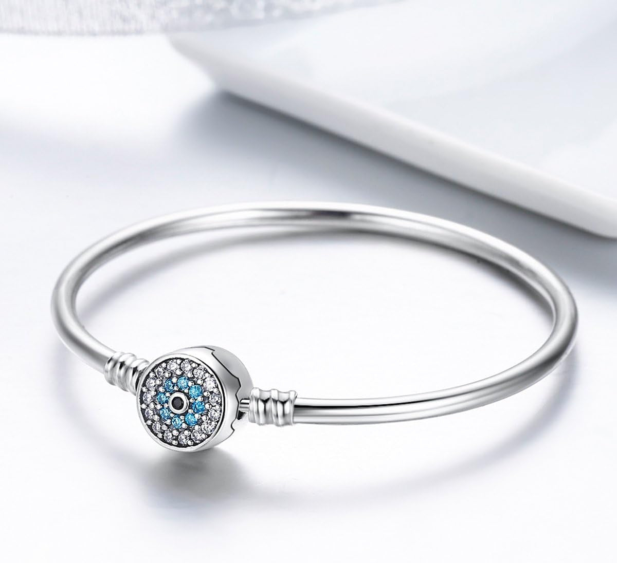 Evil Eye Bracelet Sterling Silver Clasp Charm Bangle Bracelet for Bead Charms with Sapphire Gemstones Evil Eye Clip Lock Stopper(17/19Cm/ 21Cm)