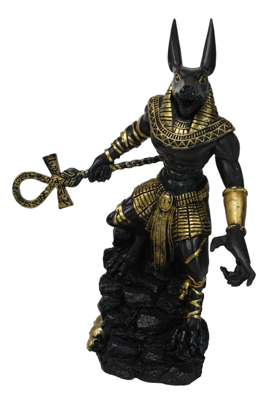 Egyptian Jackal God Anubis with Ankh Staff Spear on Skull Graveyard Figurine