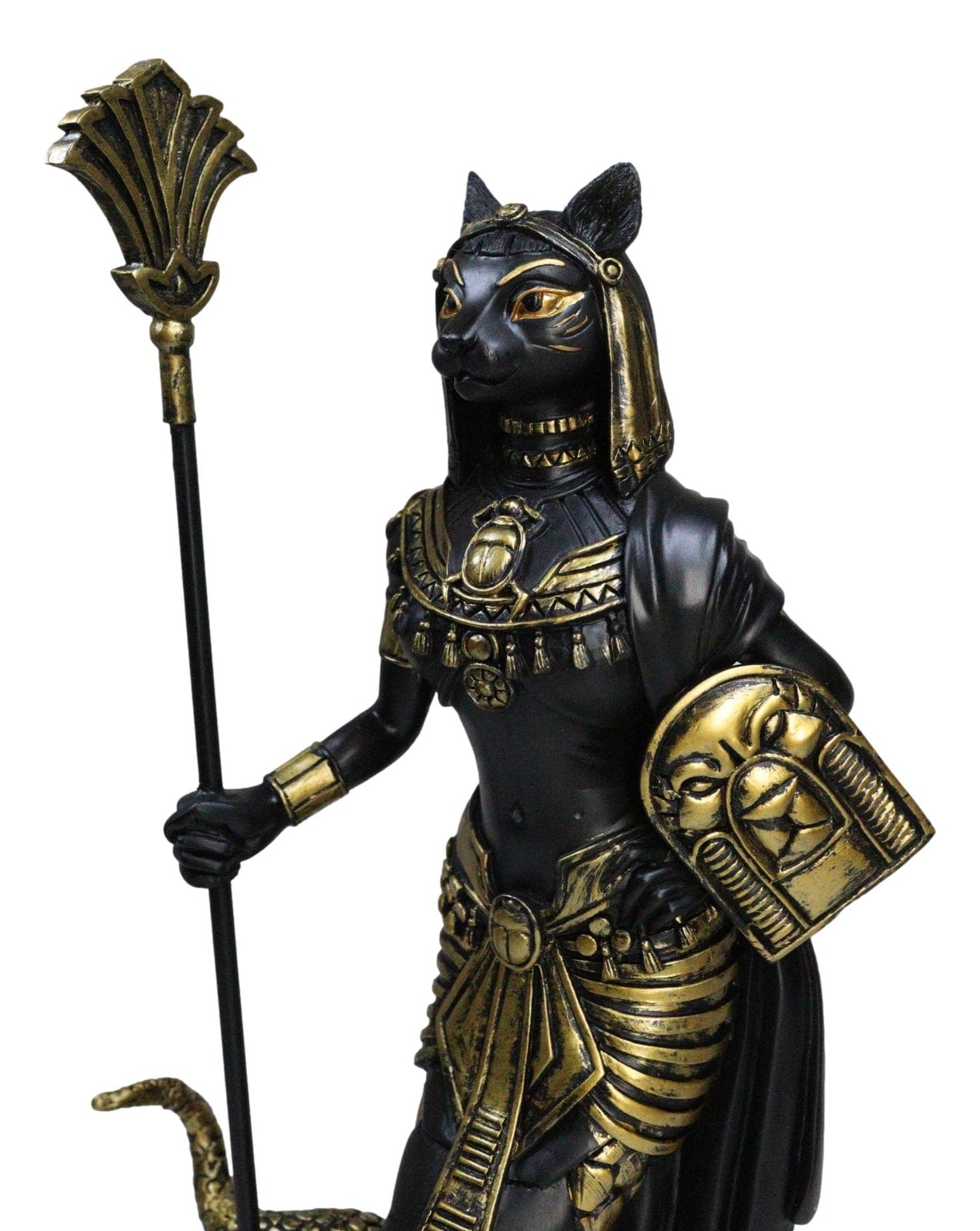Ebros 11"H Egyptian Bastet Cat with Snake Holding Spear & Shield Statue 11"H
