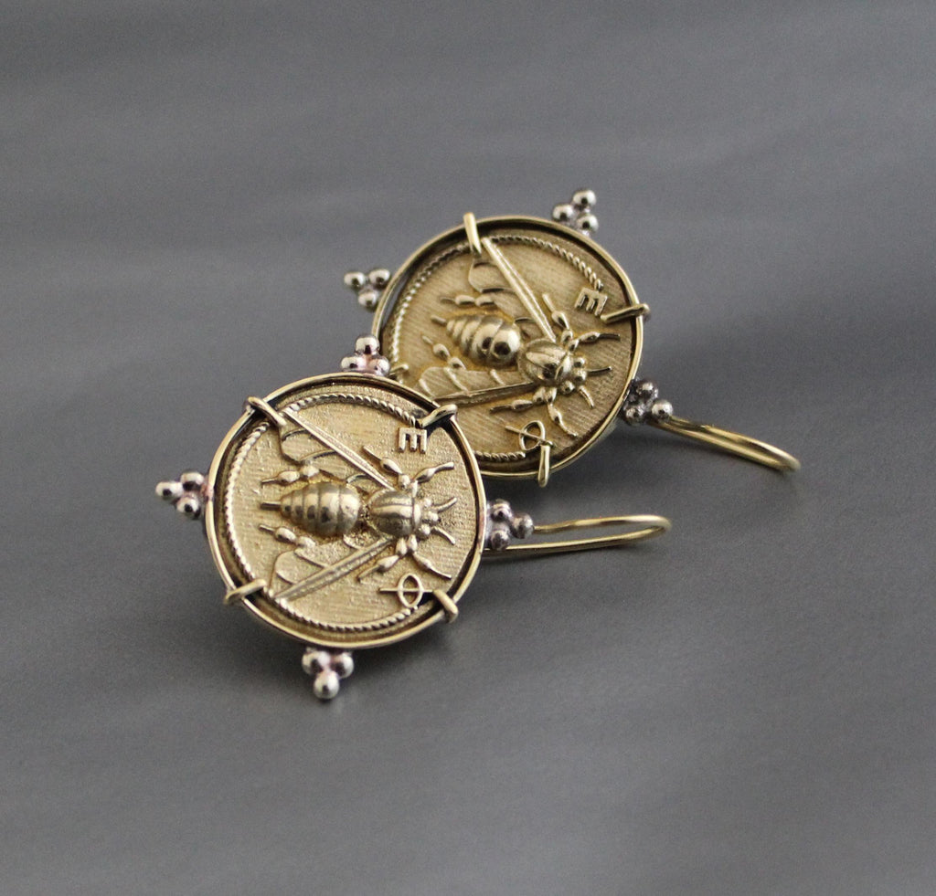 Honeybee Coin Earrings: Brass Ancient Roman Style Jewelry