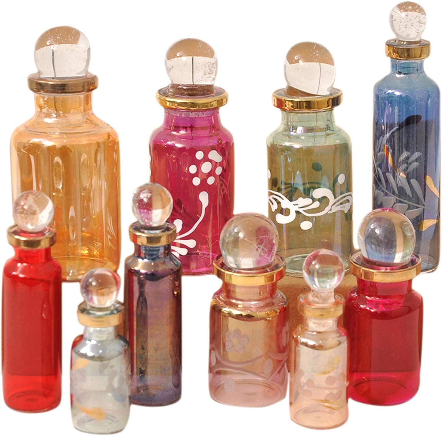 Egyptian Perfume Bottles, Empty Glass Mini Bottles for Perfume, Essential Oils or Potion - Set of 10 Decorative Small Vials, Each 2" High (5Cm), Assorted Colors