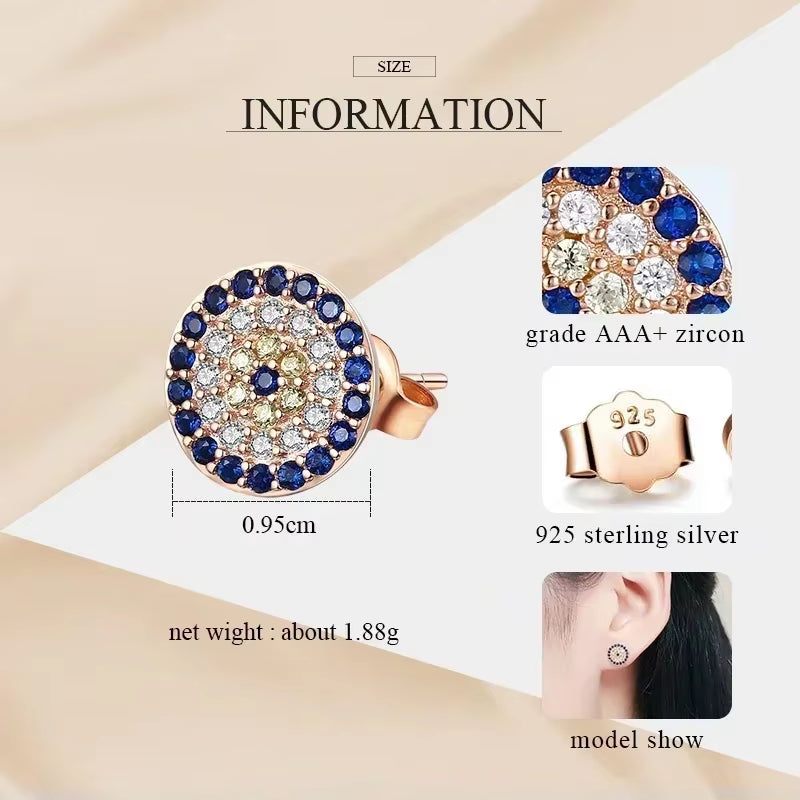Genuine 925 Sterling Silver CZ Crystal Lucky Turkey Evil Eye Earrings for Women Yellow Rose Gold Jewelry KLTE009