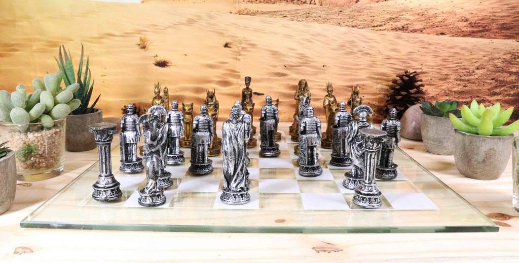 Ebros Kingdoms at War Egyptian VS Roman Army Resin Chess Pieces Glass Board Set