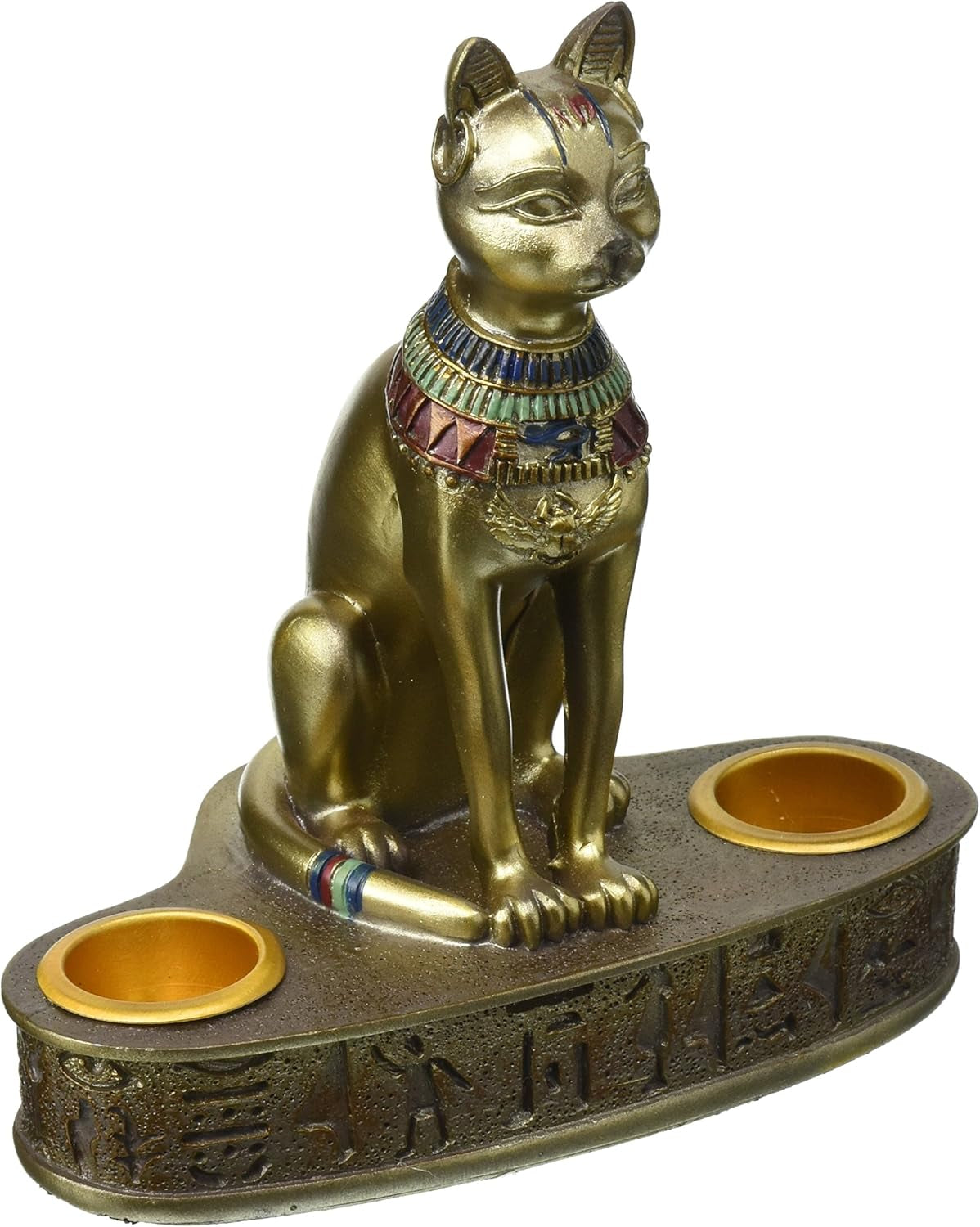 Altar of the Cat Diety Bastet Egyptian Candle Holder, 4 Inches Wide, 5 Inches Tall, Cast Stone Resin, Bronze Finish