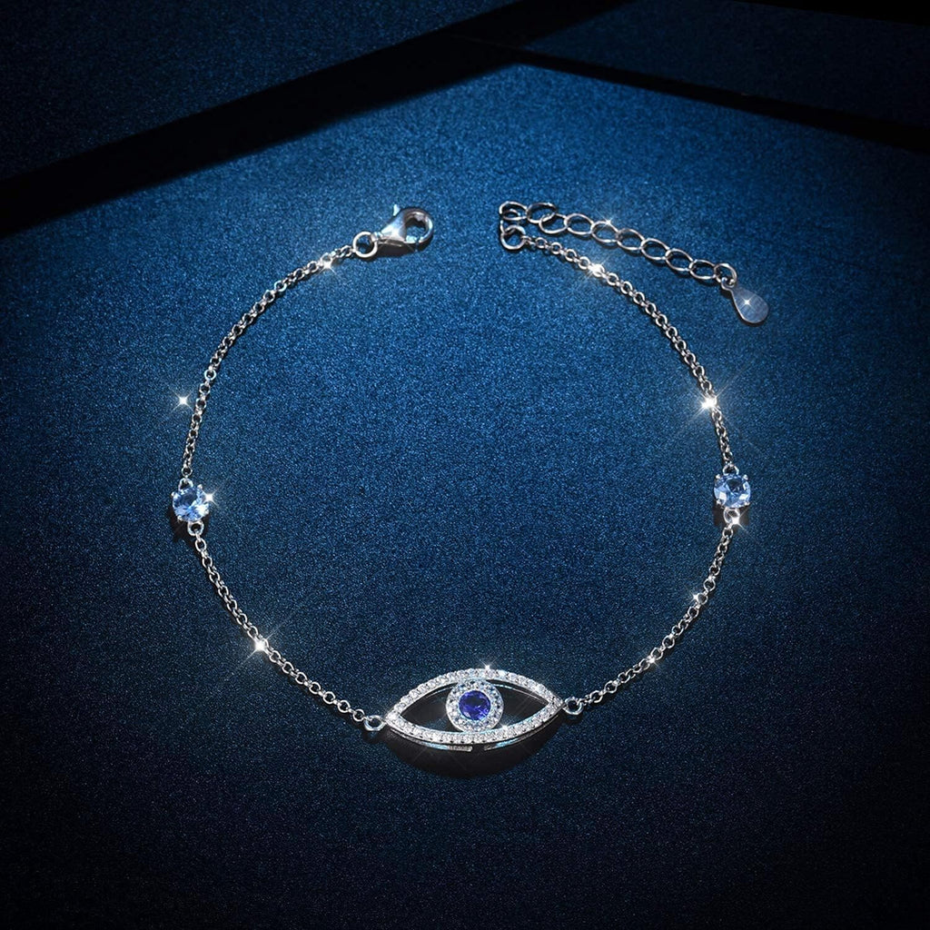 Evil Eye Anklet, Sterling Silver Adjustable Anklets for Womens,Cubic Zirconia Blue Evil Eye Jewelry Gifts for Women(Anklet 10 Inches)