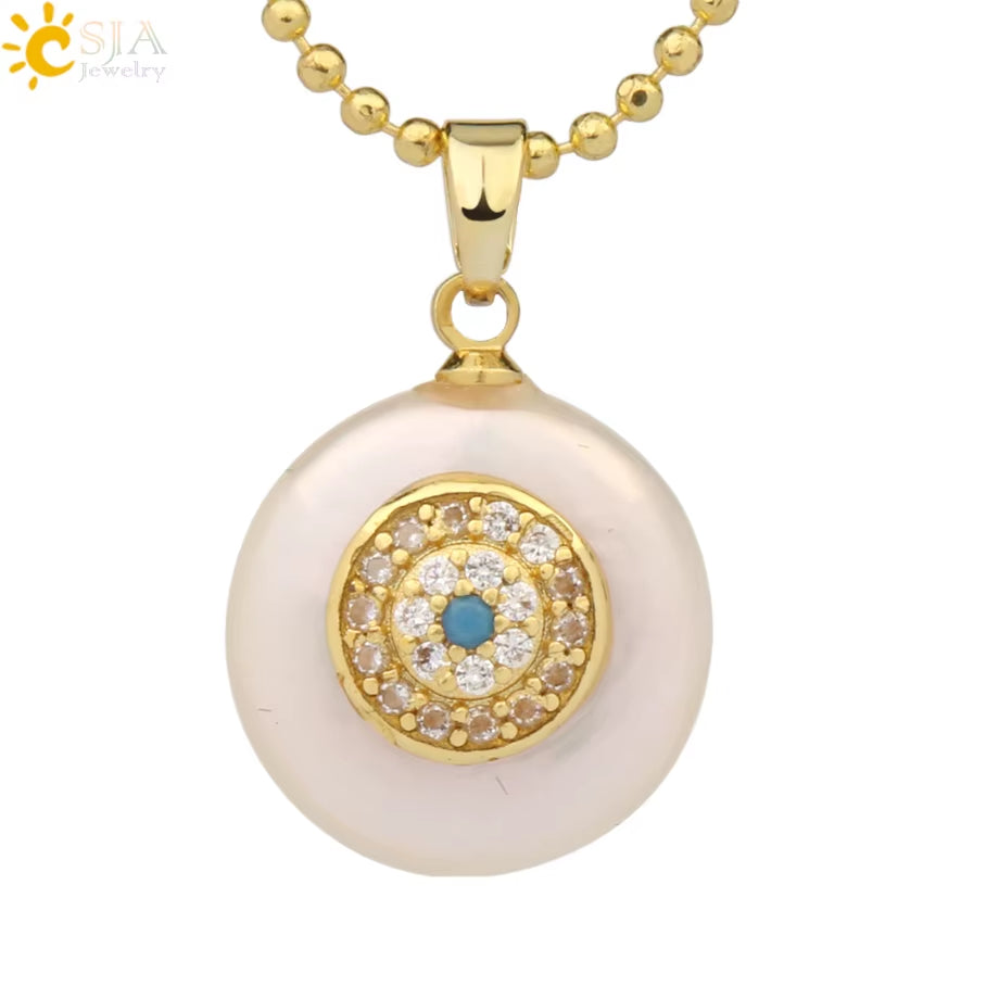 CSJA Coin Freshwater Pearl Pendants Small Size Evil Eye Hamsa Fatima Hand Zircon Gold Color Necklace Choker for Women Girls G205