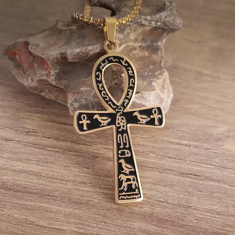 Stainless Steel Ancient Egyptian Ankh Cross Life Key Totem Necklace Men and Women Lucky Amulet Jewelry