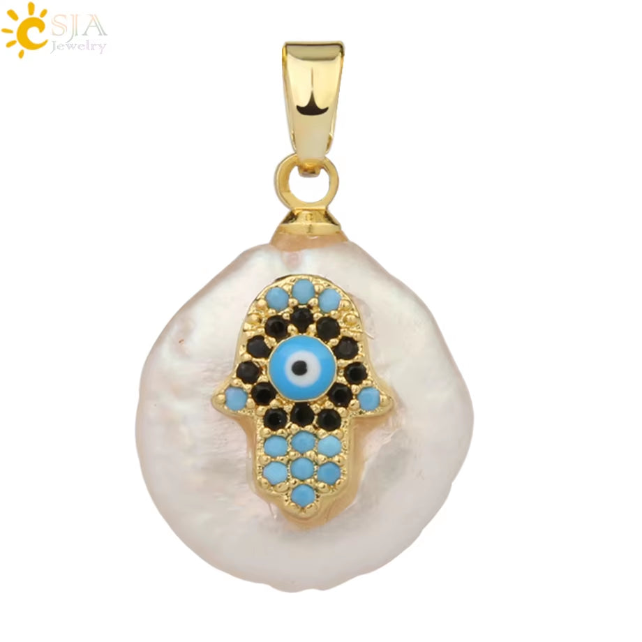 CSJA Coin Freshwater Pearl Pendants Small Size Evil Eye Hamsa Fatima Hand Zircon Gold Color Necklace Choker for Women Girls G205