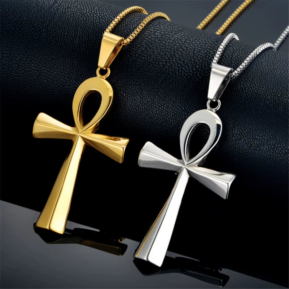 Egyptian Ankh Cross Charm Pendant Necklace for Woman/Men Key of Life Gold Silver Color Stainless Steel Egypt Hieroglyph Jewelry