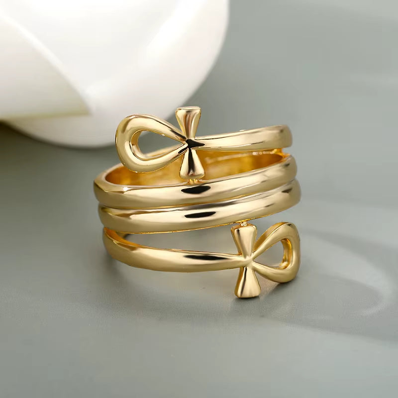 Egyptian Stainless Steel Ankh Cross Rings for Women Men Gold Color Double Key of Life Ring Female Ancient Jewelry Accessories