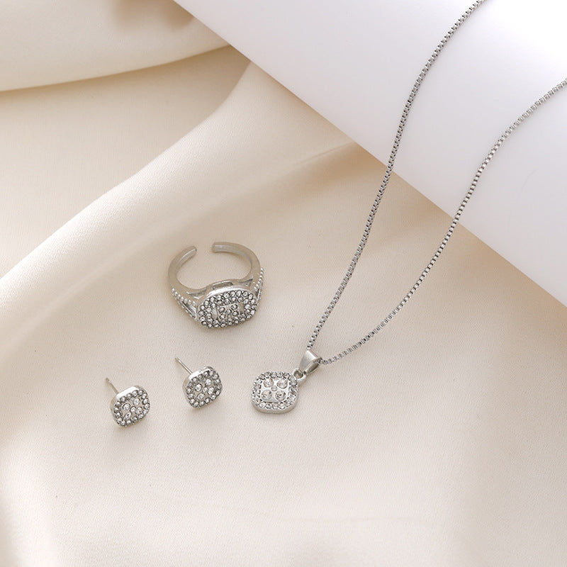 Diamond Geometric Necklace Ring Earrings 3-Piece Set