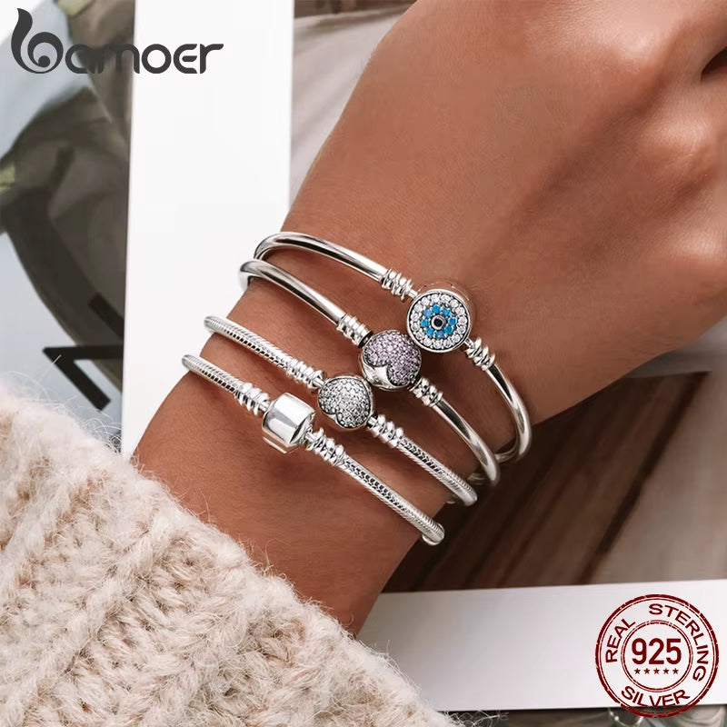 Authentic 100% 925 Sterling Silver Classic Snake Chain Bangle & Bracelet for Women Pave Setting CZ Fine Jewelry PAS916