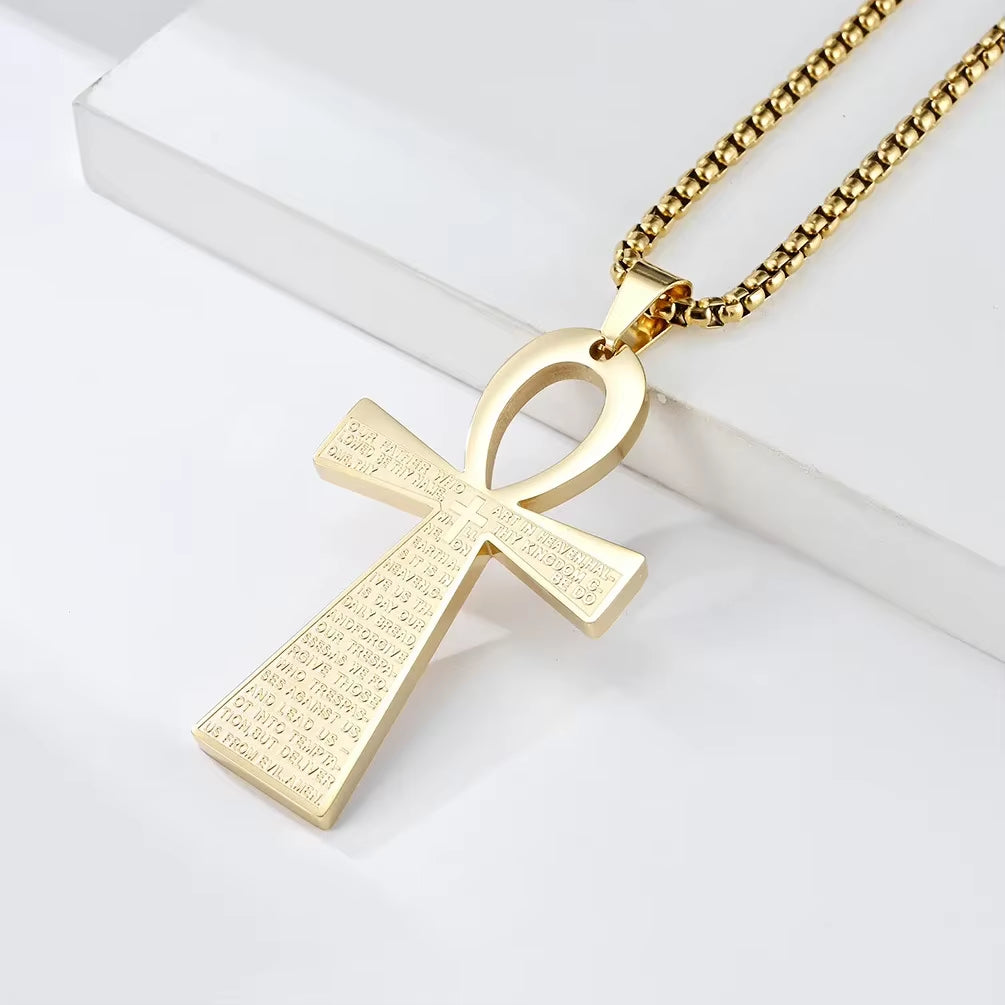 Stainless Steel Ancient Egyptian Ankh Cross Life Key Totem Necklace Men and Women Lucky Amulet Jewelry