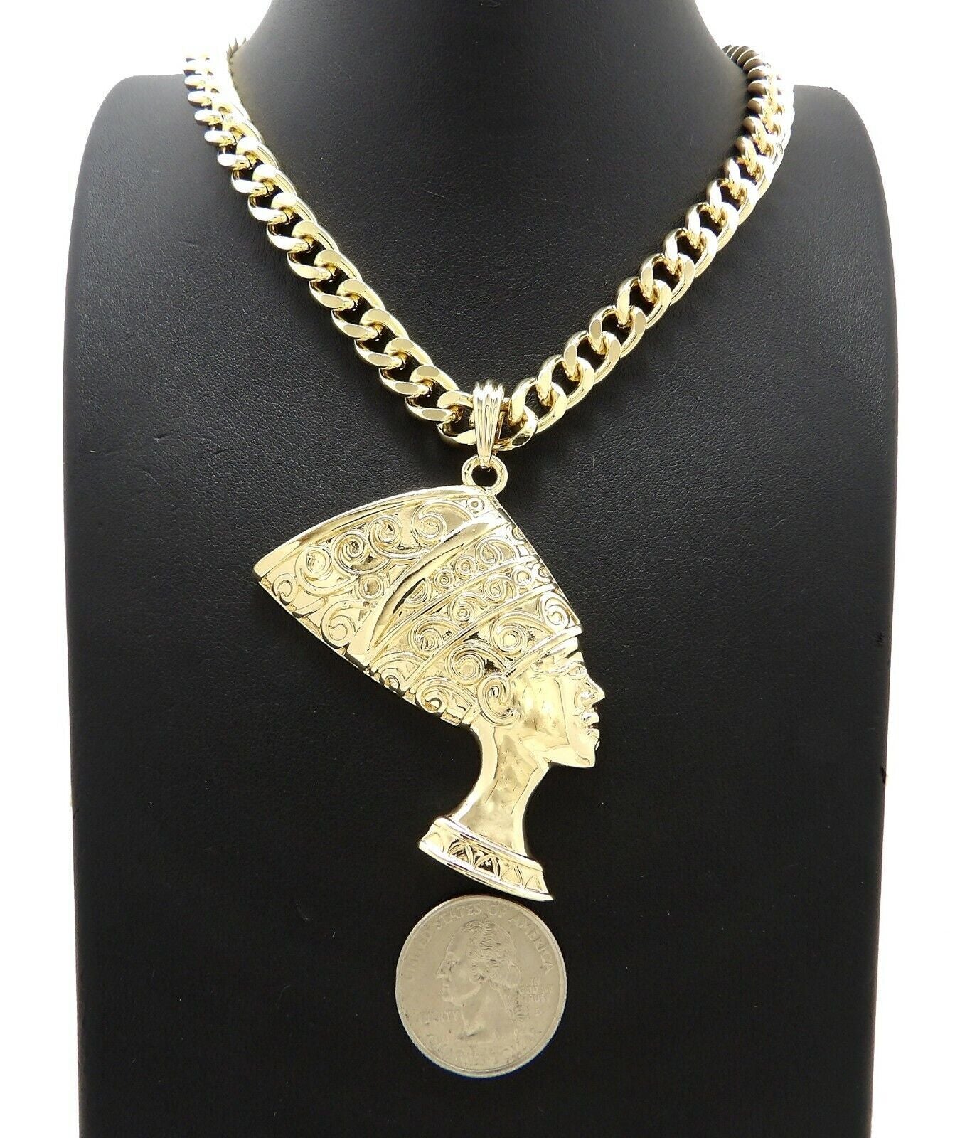 GOLD PLATED EGYPTIAN QUEEN NEFERTITI PENDANT & 10Mm CUBAN CHAIN HIP HOP NECKLACE