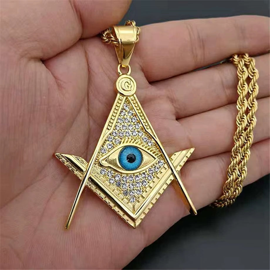 Drop Shipping Hip Hop Iced Out Masonic All-Seeing Eye Pendant Necklace Chain Gold Color Stainless Steel Freemason Mason Jewelry
